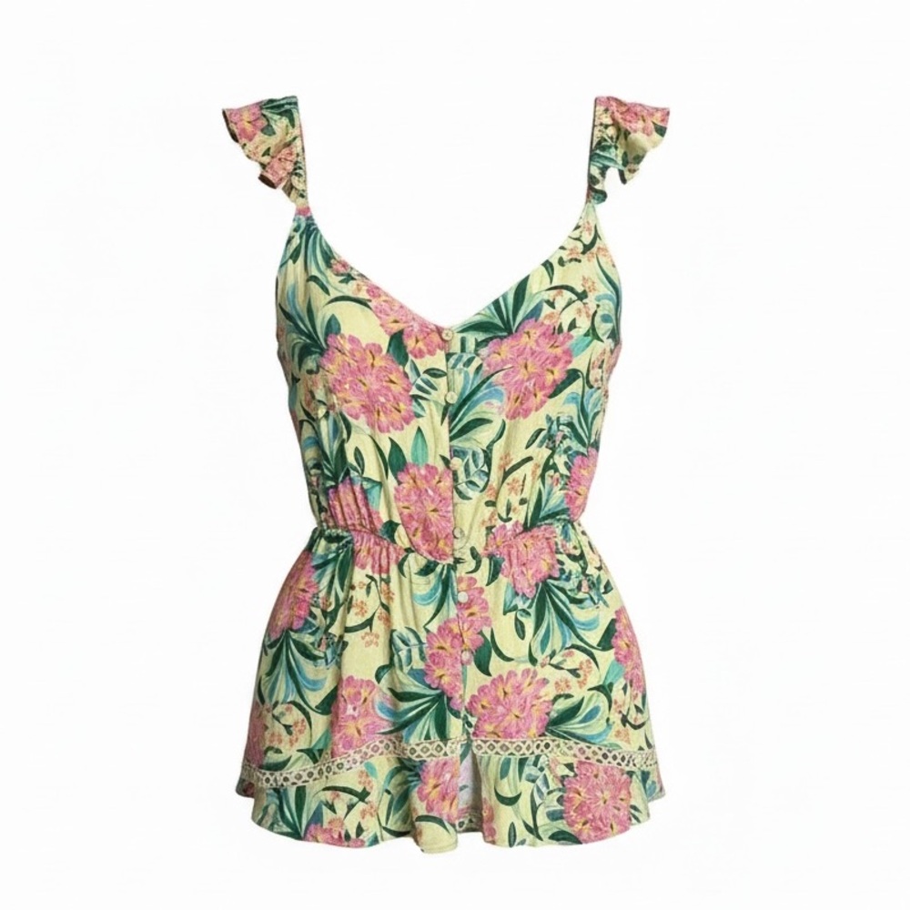 FARM Rio ✨Tropical Floral Ruffle Strap Top | Cinched Waist Peplum Blouse